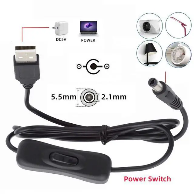 Alt view image 4 of 7 - Cable DC 5.5x2.1mm Plug to USB Type-A Cable with On Off Power Switch Button for DC 5V Desk Lamp Fan Camera