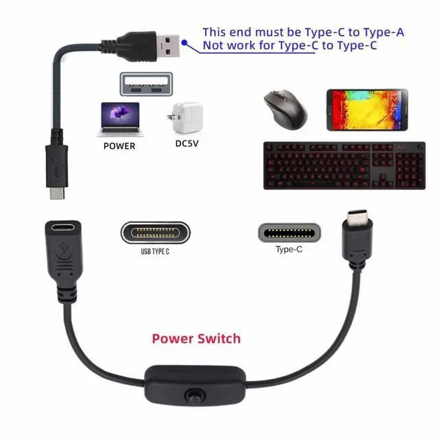 Alt view image 6 of 7 - Cable USB-C with On Off Power Switch Button USB Type C Male to Female for Laptop Keyboard Raspberry Pi 4B