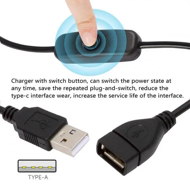 Alt view image 6 of 7 - Cable USB2.0 Cable with On Off Power Switch Button USB Type-A Male to Female for DC 5V Desk Lamp Fan Camera