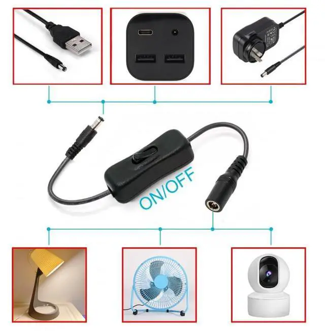 Alt view image 4 of 7 - Cable DC Cable with On Off Power Switch Button DC 5.5x2.1mm Male to Female for DC 5V Desk Lamp Fan Camera