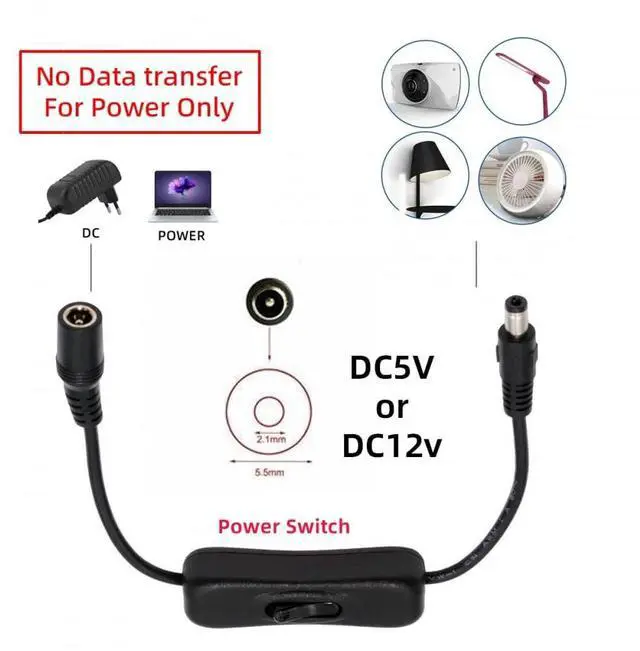Alt view image 5 of 7 - Cable DC Cable with On Off Power Switch Button DC 5.5x2.1mm Male to Female for DC 5V Desk Lamp Fan Camera