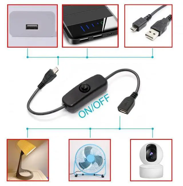 Alt view image 4 of 7 - Cable Micro USB2.0 Cable with On Off Power Switch Button Micro 5Pin Male to Female for DC 5V Desk Lamp Fan Camera