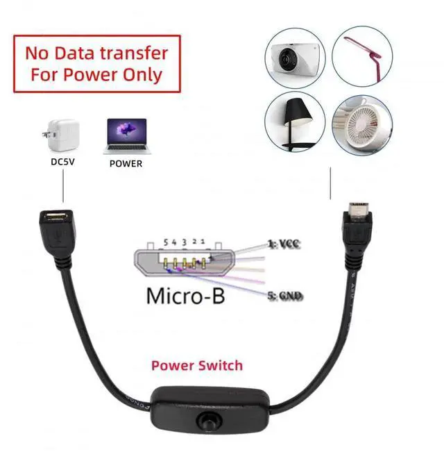 Alt view image 5 of 7 - Cable Micro USB2.0 Cable with On Off Power Switch Button Micro 5Pin Male to Female for DC 5V Desk Lamp Fan Camera