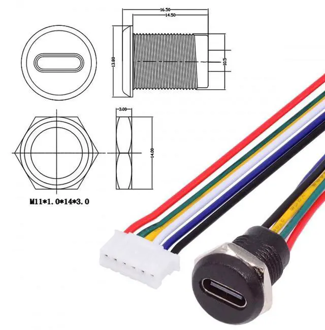 Alt view image 3 of 7 - Connector 5pcs/Set DIY OEM Type C Female Socket to 6Pin Header Cable Pitch=2.0mm Panel Mount DC 5V/20V PD Power