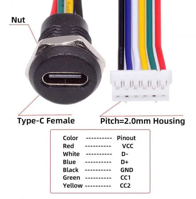 Alt view image 7 of 7 - Connector 5pcs/Set DIY OEM Type C Female Socket to 6Pin Header Cable Pitch=2.0mm Panel Mount DC 5V/20V PD Power
