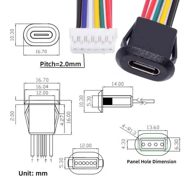 Alt view image 2 of 6 - 5pcs/Set DIY OEM Type C Female Socket to 6Pin Header Cable Pitch=2.0mm Latch Mount Type DC 5V/20V PD Power