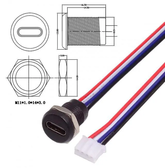 Alt view image 6 of 7 - Connector 5pcs/Set DIY OEM Type C Female Socket to 4Pin Header Cable Pitch=2.0mm Panel Mount Type DC 5V Power Data