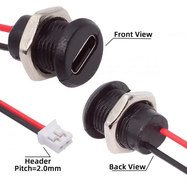 Alt view image 5 of 7 - Connector 5pcs/Set DIY OEM Type C Female Socket to 2Pin Header Cable Pitch=2.0mm Panel Mount Type DC 5V Power