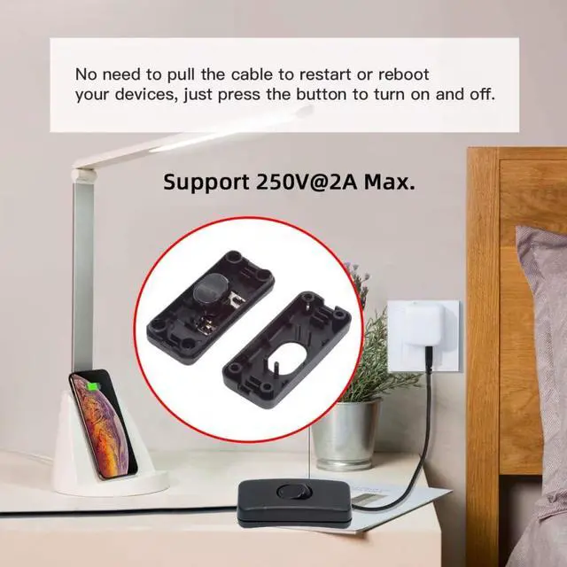 Alt view image 2 of 7 - Switch Universal Interruptor 303 Switch Cord Inline On-Off Switch DPST Control Rocker for Bedroom Table Lamp Desk Light Strip