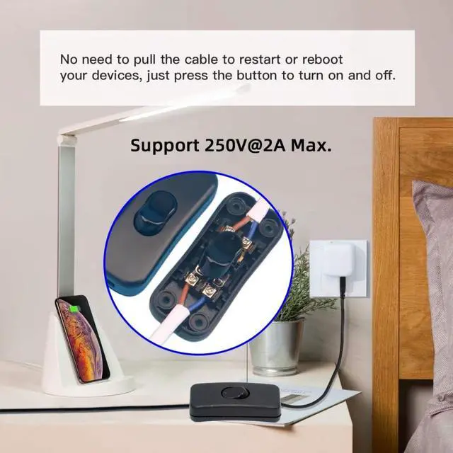 Alt view image 2 of 7 - Switch Universal Interruptor 318 Switch Cord Inline On-Off Switch DPST Control Rocker for Bedroom Table Lamp Desk Light Strip