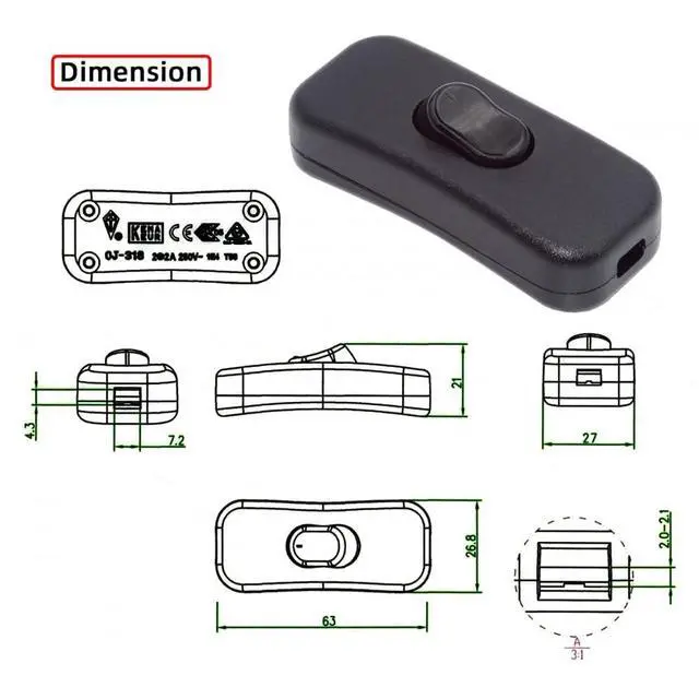 Alt view image 6 of 7 - Switch Universal Interruptor 318 Switch Cord Inline On-Off Switch DPST Control Rocker for Bedroom Table Lamp Desk Light Strip