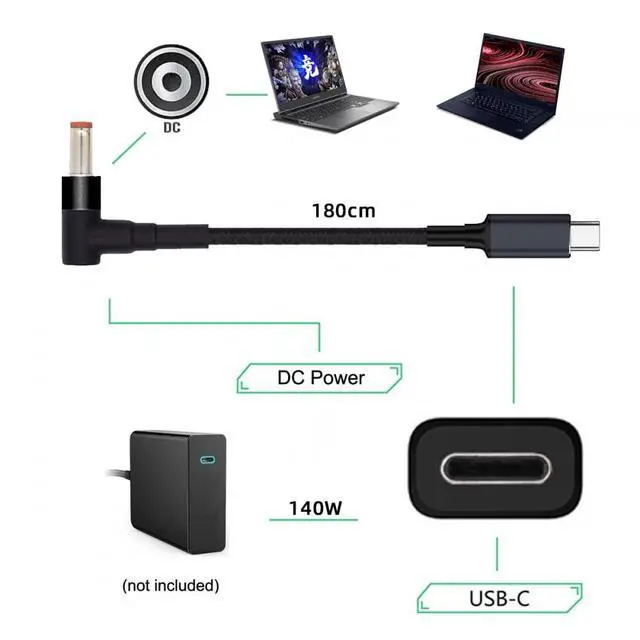Alt view image 5 of 7 - Cable Type C USB-C Input to 20V DC 5.5 * 2.5mm Output Power 100W 135W 140W 65W PD Charge Cable for Laptop