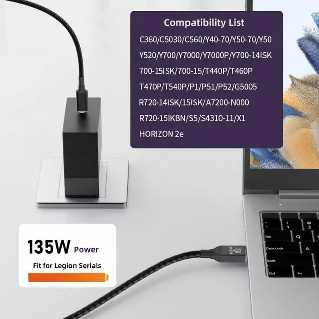 Alt view image 6 of 7 - Cable Type-C USB-C 135W to DC Rectangle 11.0 * 4.5mm Power PD Charge Cable for Thinkpad X1 Legion Y7000P Laptop DC20V 6.25A