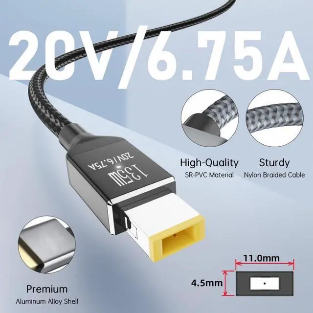 Alt view image 7 of 7 - Cable Type-C USB-C 135W to DC Rectangle 11.0 * 4.5mm Power PD Charge Cable for Thinkpad X1 Legion Y7000P Laptop DC20V 6.25A