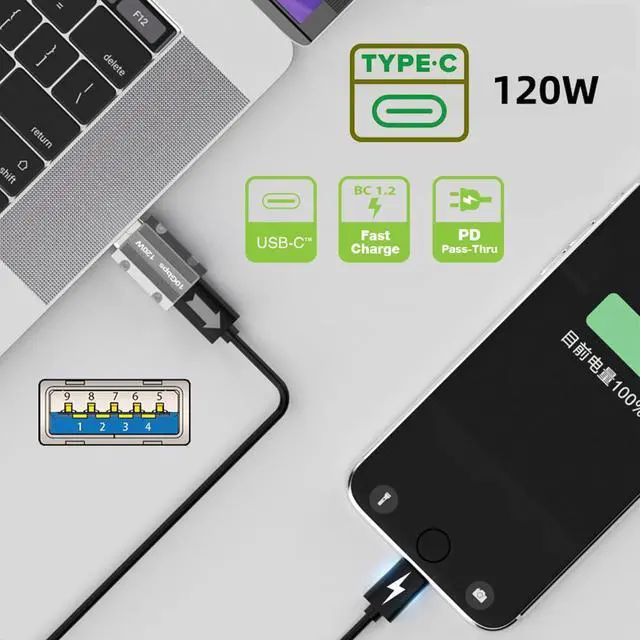 Alt view image 3 of 7 - USB-C USB 3.1 Type C Female to USB 3.0 A Male 10Gbps Data 120W Power Adapter Alloy Shell for Laptop Tablet Phone