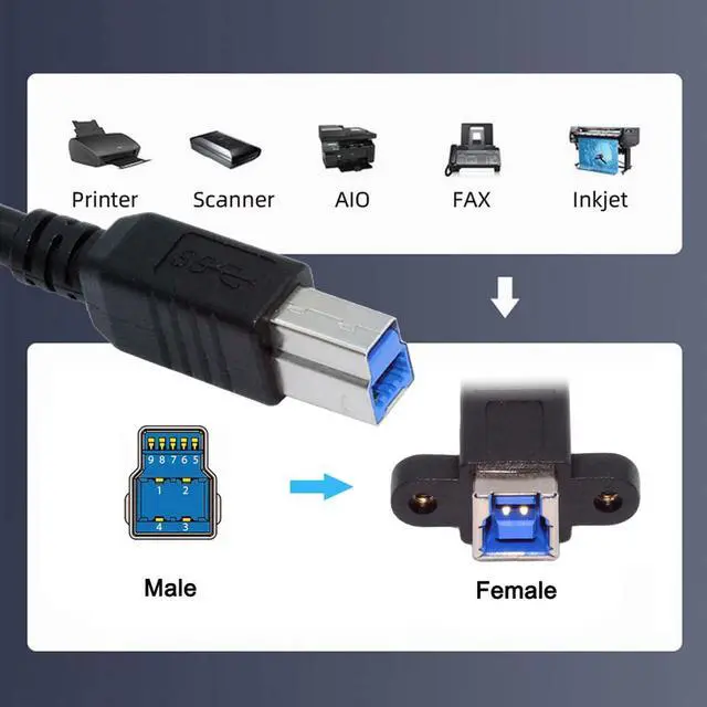 Alt view image 7 of 7 - Cord USB 3.0 Type-B Female to USB3.0 Type-B Male Cable Extension 5Gbps for Disk SSD Camera Data 30cm