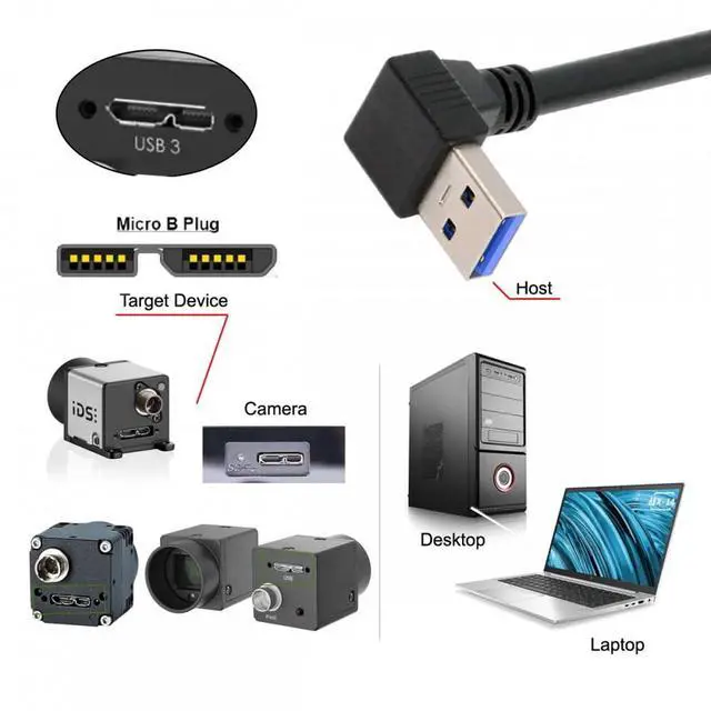 Alt view image 5 of 6 - Cord Down Angled 90 Degree USB 3.0 A Male to Micro-B 3.0 Plug Down Angled Locking Screw Panel Cable 25cm