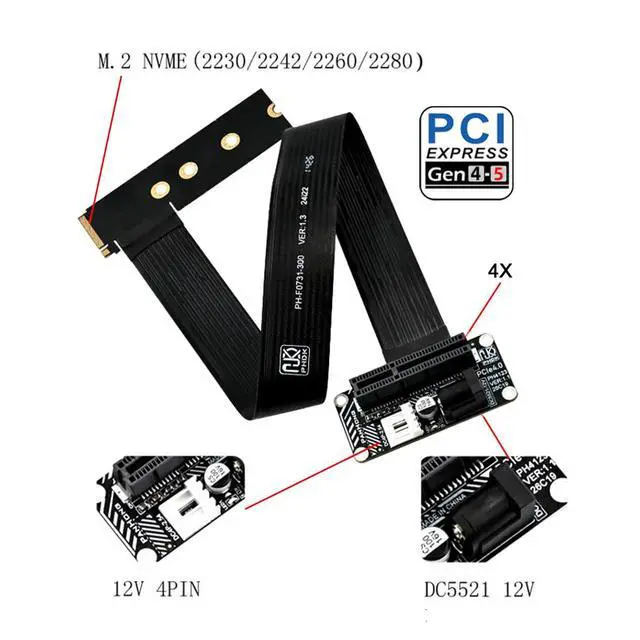 Alt view image 2 of 7 - Right Angled Type 90 Degree M.2 NVMe M-Key to Up Angled PCI-E X1 X4 X8 X16 Socket Cable Graphics Card Extension PCI-Express for M2 2280