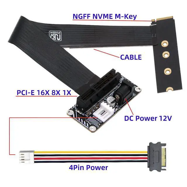 Alt view image 3 of 7 - Right Angled Type 90 Degree M.2 NVMe M-Key to Up Angled PCI-E X1 X4 X8 X16 Socket Cable Graphics Card Extension PCI-Express for M2 2280