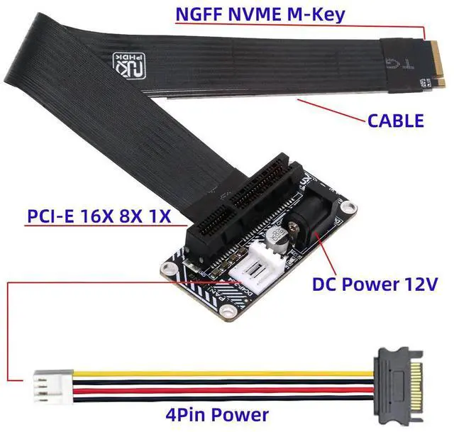Alt view image 3 of 7 - Straight M.2 NVMe M-Key to Up Angled PCI-E X1 X4 X8 X16 Socket Cable Graphics Card Extension PCI-Express for M2 2280