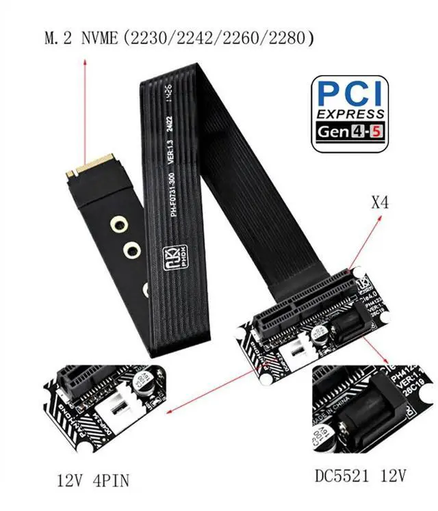 Alt view image 2 of 7 - Straight M.2 NVMe M-Key to Up Angled PCI-E X1 X4 X8 X16 Socket Cable Graphics Card Extension PCI-Express for M2 2280