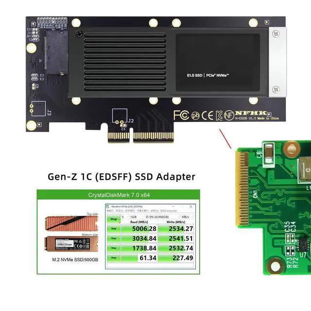 Alt view image 7 of 7 - PCI-E 4.0 4X Host to NVMe Ruler 1U GEN-Z EDSFF Adapter 9.5mm 15mm 25mm Thickness Short SSD E1.S with Heat Sink PM9A3 PM9D3 P5801X Carrier