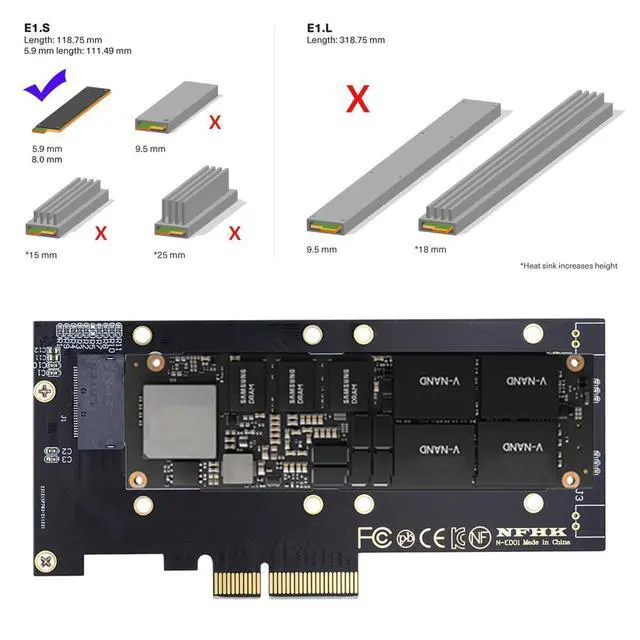 Alt view image 2 of 7 - PCI-E 4.0 4X Host to NVMe Ruler 1U GEN-Z EDSFF 5.9mm 8.0mm Thickness Short SSD E1.S Carrier Adapter