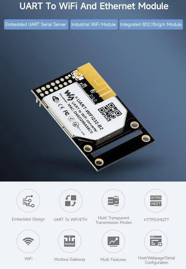 Alt view image 2 of 7 - Industrial WiFi Module, UART To WiFi and Ethernet Module, Embedded UART Serial Server, Integrated 802.11b/g/n Module, Support UART To WiFi/Ethernet, Ethernet to WiFi, Transparent Transmission Mode