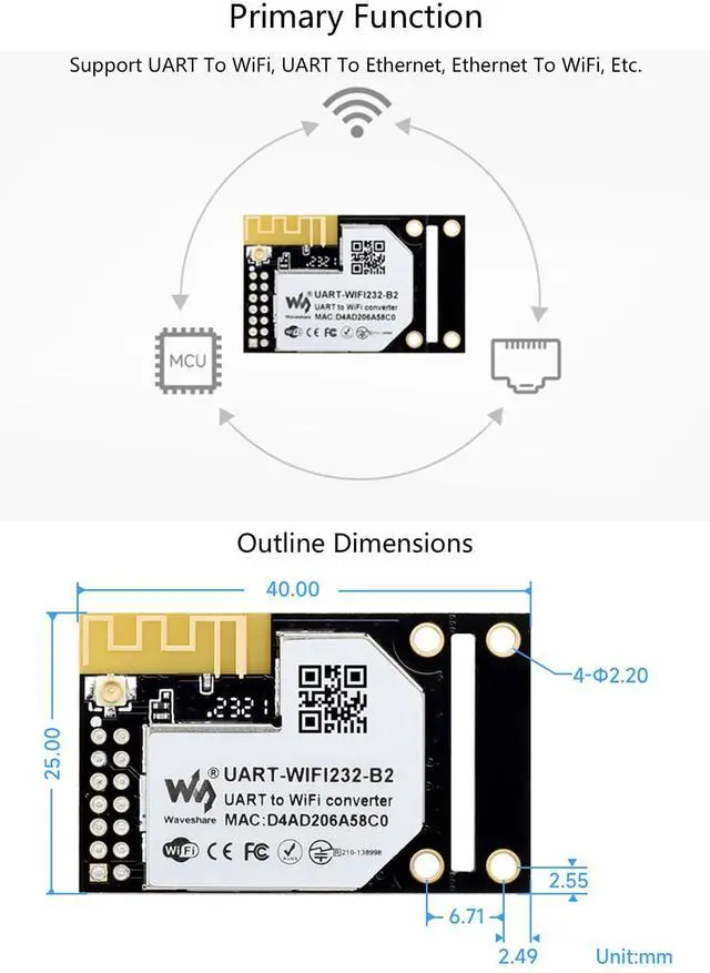 Alt view image 7 of 7 - Industrial WiFi Module, UART To WiFi and Ethernet Module, Embedded UART Serial Server, Integrated 802.11b/g/n Module, Support UART To WiFi/Ethernet, Ethernet to WiFi, Transparent Transmission Mode