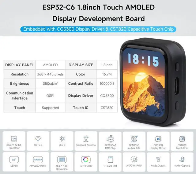 Alt view image 2 of 7 - ESP32-C6 1.8inch Touch AMOLED Display Development Board, 368 x 448 Resolution, Supports Wi-Fi 6/ BLE 5/ Zigbee/Offline Speech Recognition and AI Speech Interaction