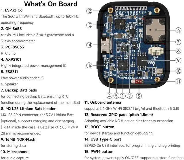 Alt view image 5 of 7 - ESP32-C6 1.8inch Touch AMOLED Display Development Board, 368 x 448 Resolution, Supports Wi-Fi 6/ BLE 5/ Zigbee/Offline Speech Recognition and AI Speech Interaction