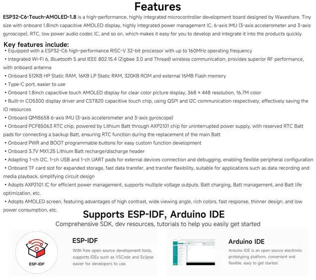 Alt view image 6 of 7 - ESP32-C6 1.8inch Touch AMOLED Display Development Board, 368 x 448 Resolution, Supports Wi-Fi 6/ BLE 5/ Zigbee/Offline Speech Recognition and AI Speech Interaction