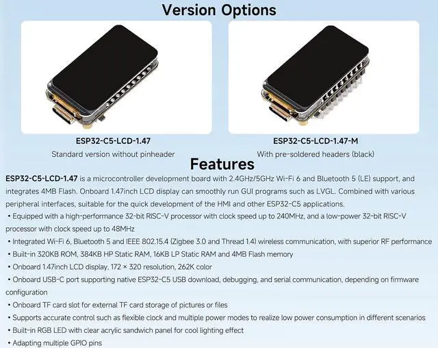 Alt view image 3 of 7 - ESP32-C5 1.47inch LCD Display Dev Board, 172 x 320, 262K Color