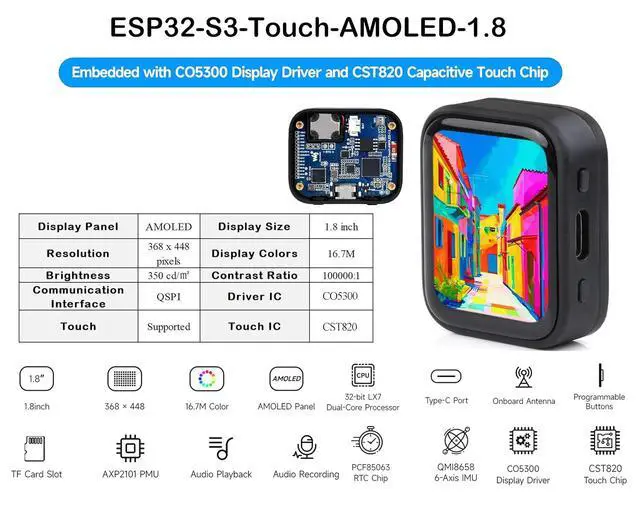 Alt view image 2 of 7 - ESP32-S3 1.8inch AMOLED Touch Display Development Board,Onboard Audio Codec