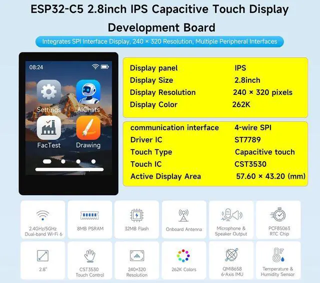 Alt view image 2 of 7 - ESP32-C5 2.8inch IPS Cap Touch Screen Development Board, 240 × 320 Pixels