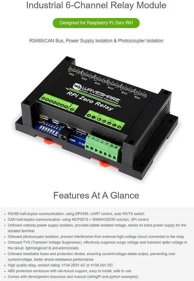 Alt view image 2 of 7 - Industrial 6-CH Relay Module for Raspberry Pi Zero/Zero W/Zero WH, RS485/CAN Half-Duplex Communication UART Control, Auto RX/TX Switch,MCP2515 + SN65HVD230 Solution SPI Control