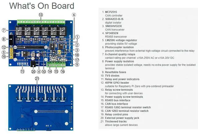 Alt view image 4 of 7 - Industrial 6-CH Relay Module for Raspberry Pi Zero/Zero W/Zero WH, RS485/CAN Half-Duplex Communication UART Control, Auto RX/TX Switch,MCP2515 + SN65HVD230 Solution SPI Control