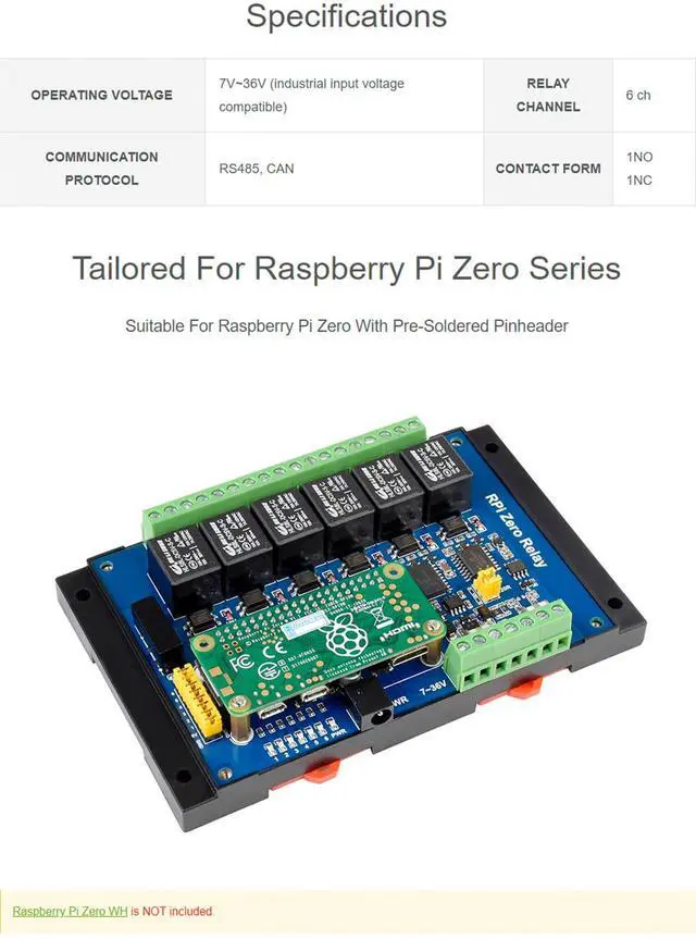 Alt view image 3 of 7 - Industrial 6-CH Relay Module for Raspberry Pi Zero/Zero W/Zero WH, RS485/CAN Half-Duplex Communication UART Control, Auto RX/TX Switch,MCP2515 + SN65HVD230 Solution SPI Control