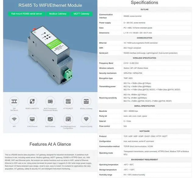 Alt view image 2 of 7 - RS485 to W-i-F--i/Ethernet Module Rail-Mount Serial Server Modbus MQTT Gateway, Allow RS485 to W-i-F--i, RS485 to Ethernet, Ethernet to W-i-F--i Converter Module, Support Transparent Transmission Mode
