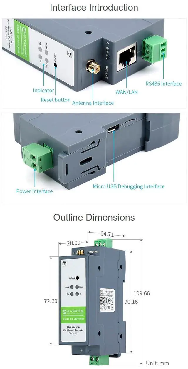 Alt view image 7 of 7 - RS485 to W-i-F--i/Ethernet Module Rail-Mount Serial Server Modbus MQTT Gateway, Allow RS485 to W-i-F--i, RS485 to Ethernet, Ethernet to W-i-F--i Converter Module, Support Transparent Transmission Mode