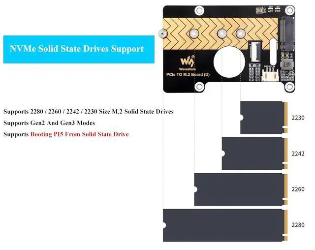 Alt view image 4 of 7 - PCIe to M.2 Adapter Board for Raspberry Pi 5, Pi 5 NVMe HAT Compatible with 2280/2260 / 2242/2230 Size NVMe Protocol M.2 SSD, 8Gbps Data Rate, High-Speed Reading/Writing
