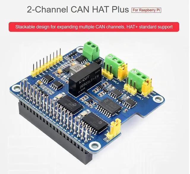 Alt view image 2 of 7 - 2-Channel Isolated CAN Bus Expansion HAT+ for Raspberry Pi 5/4B/3B/2B/Pi Zero W/WH/2W/ Jetson Nano,MCP2515 +SN65HVD230 CAN Transceiver Dual Chips, Stackable Design for Expanding Multiple CAN Channels