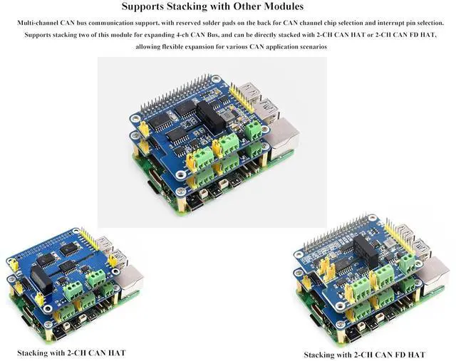 Alt view image 4 of 7 - 2-Channel Isolated CAN Bus Expansion HAT+ for Raspberry Pi 5/4B/3B/2B/Pi Zero W/WH/2W/ Jetson Nano,MCP2515 +SN65HVD230 CAN Transceiver Dual Chips, Stackable Design for Expanding Multiple CAN Channels