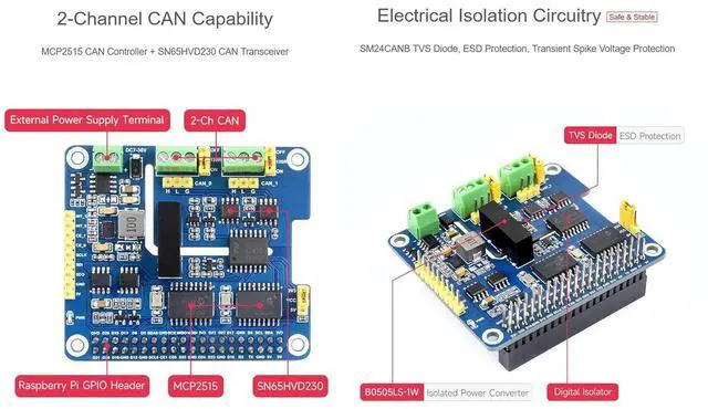 Alt view image 5 of 7 - 2-Channel Isolated CAN Bus Expansion HAT+ for Raspberry Pi 5/4B/3B/2B/Pi Zero W/WH/2W/ Jetson Nano,MCP2515 +SN65HVD230 CAN Transceiver Dual Chips, Stackable Design for Expanding Multiple CAN Channels