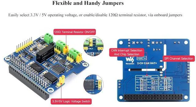Alt view image 6 of 7 - 2-Channel Isolated CAN Bus Expansion HAT+ for Raspberry Pi 5/4B/3B/2B/Pi Zero W/WH/2W/ Jetson Nano,MCP2515 +SN65HVD230 CAN Transceiver Dual Chips, Stackable Design for Expanding Multiple CAN Channels
