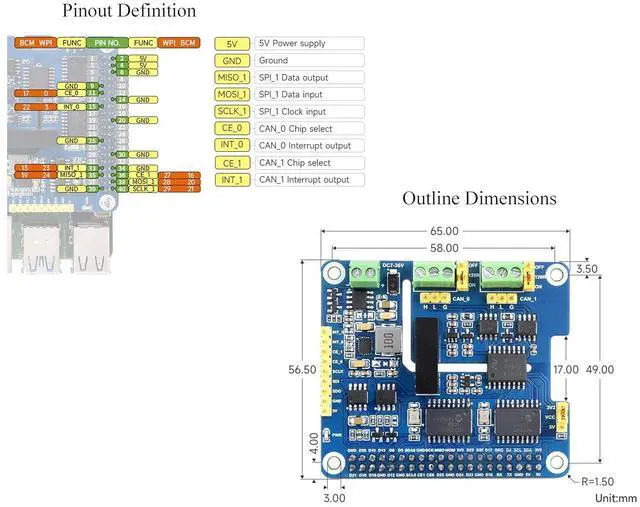 Alt view image 7 of 7 - 2-Channel Isolated CAN Bus Expansion HAT+ for Raspberry Pi 5/4B/3B/2B/Pi Zero W/WH/2W/ Jetson Nano,MCP2515 +SN65HVD230 CAN Transceiver Dual Chips, Stackable Design for Expanding Multiple CAN Channels