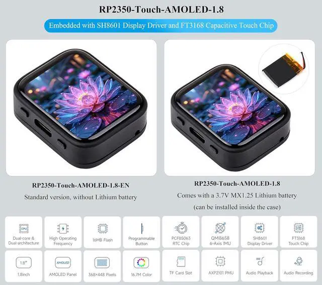 Alt view image 2 of 7 - RP2350 1.8inch AMOLED Touch Display Development Board, 368x448 Pixels, QSPI Interface, Dual-Core & Dual-Architecture Design, Support Audio Playback/Recording, for Various Smart Devices Development