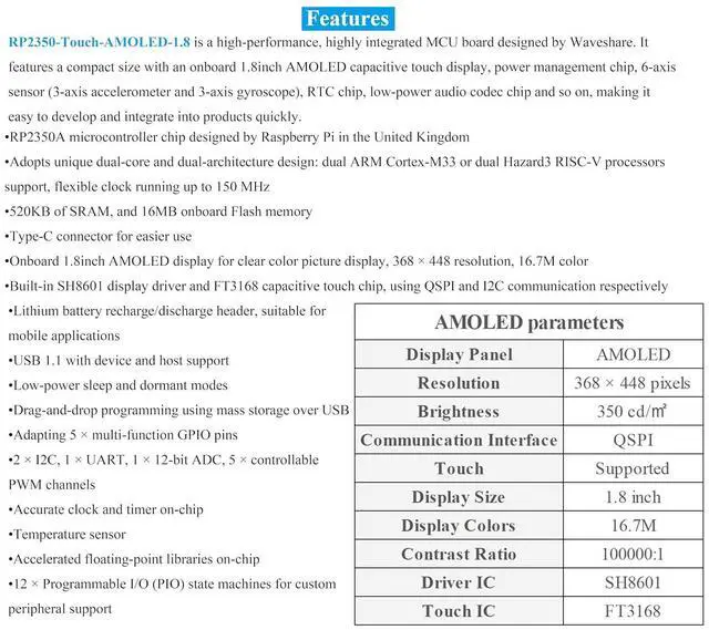 Alt view image 5 of 7 - RP2350 1.8inch AMOLED Touch Display Development Board, 368x448 Pixels, QSPI Interface, Dual-Core & Dual-Architecture Design, Support Audio Playback/Recording, for Various Smart Devices Development