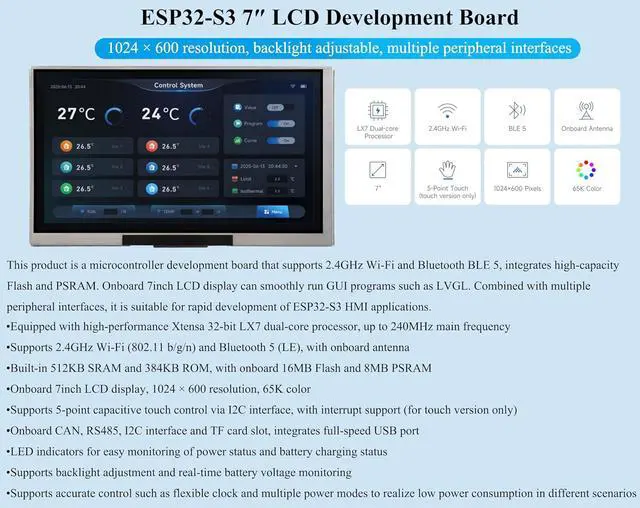 Alt view image 3 of 7 - ESP32-S3 7inch Display Development Board, ESP32 with Display 1024×600, 32-bit LX7 Dual-Core Processor, Supports WiFi & BT, with Onboard Antenna, Backlight Adjustable, Multiple Peripheral Interfaces