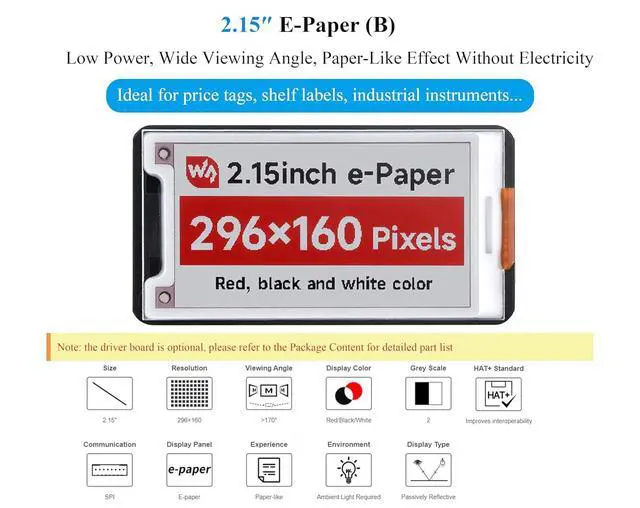 Alt view image 2 of 7 - 2.15inch e-Paper HAT+ Compatible with Raspberry Pi 5/4B/3B+/Zero/Zero W/Zero 2W/Pico/Pico W/Pico 2/Jetson Nano/RDKX3, Red/Black/White Three-Color 296x160 E-ink Display Screen SPI with Driver Board